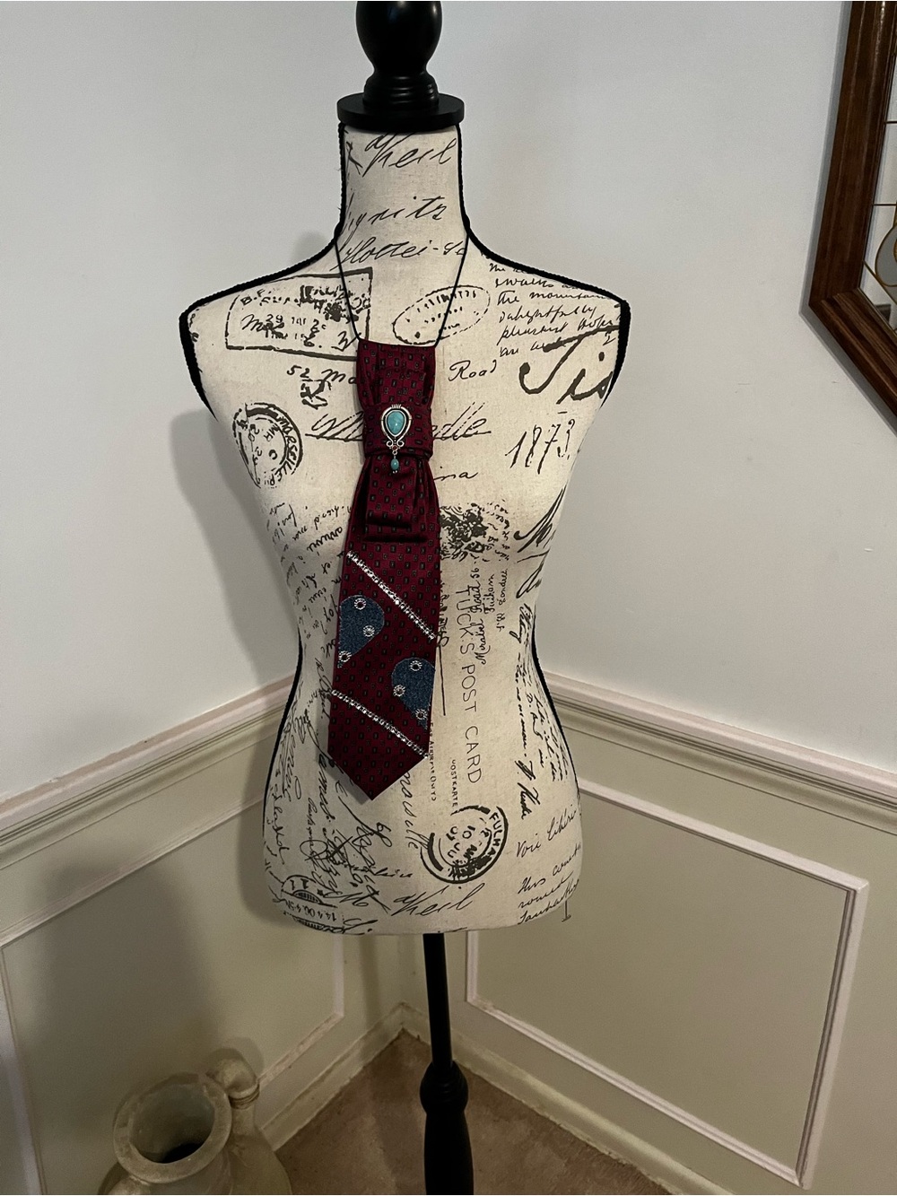 Necktie Necklace with turquoise pendant.